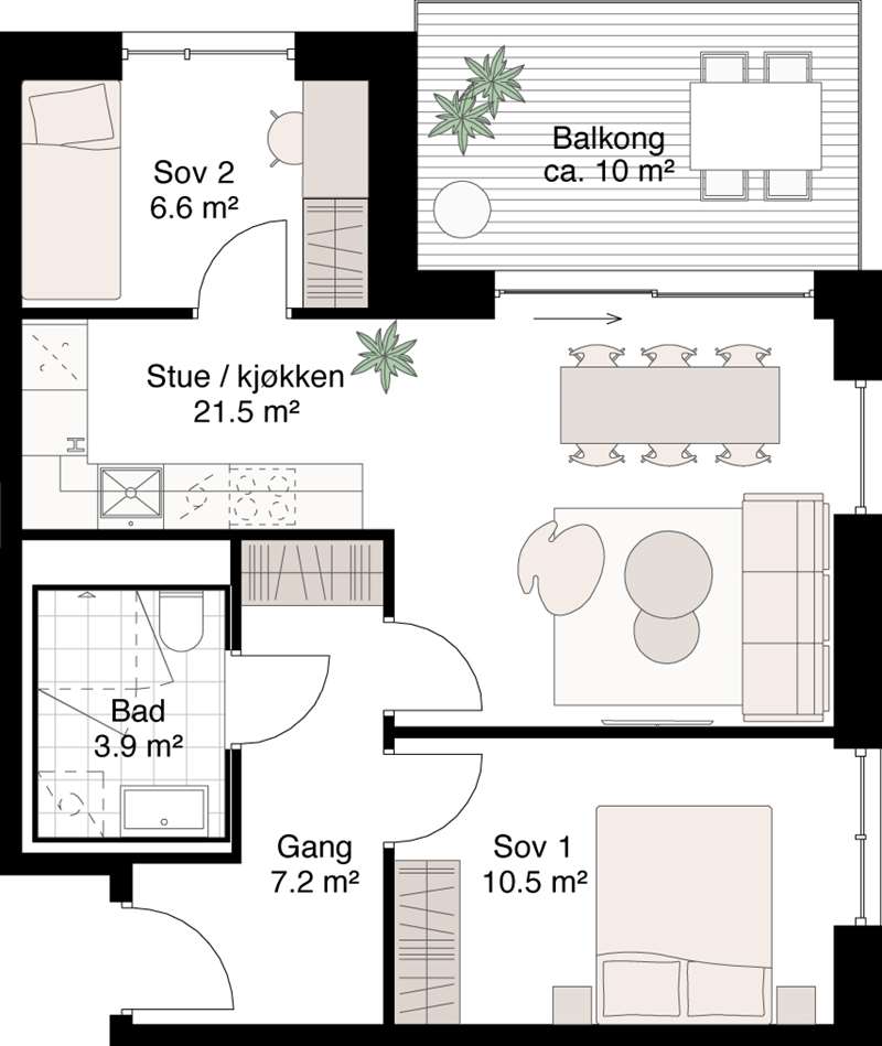 Standard planløsning 3-roms